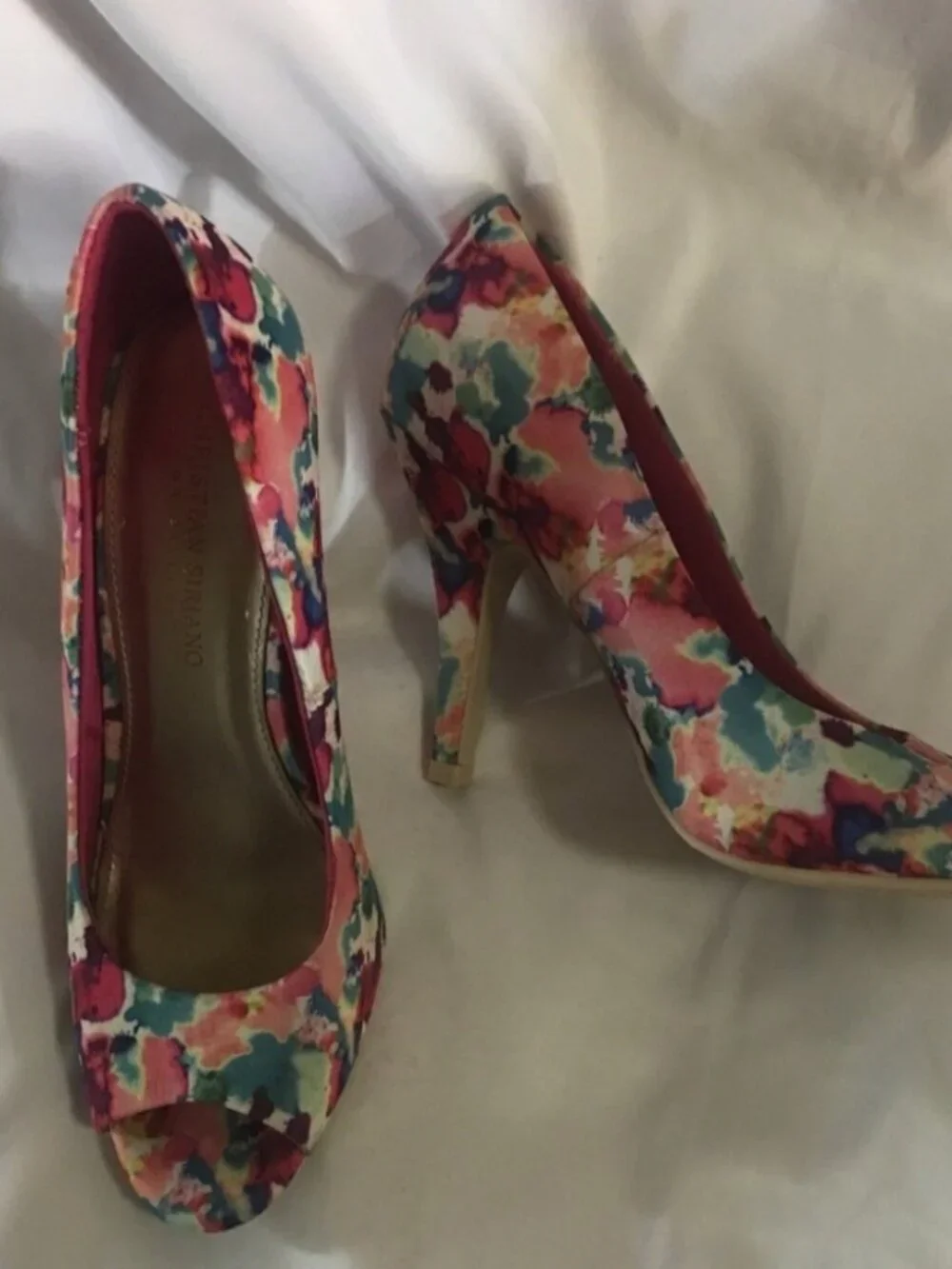 Christian Siriano Red Blue Pink Floral Heels with Open Toe Size 7 Cottagecore